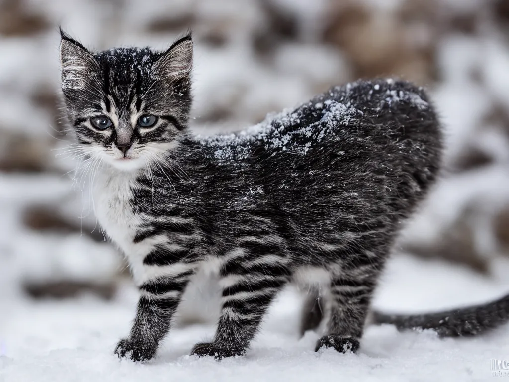 Prompt: A photograph of a kitten walking in the snow .560mm,ISO400,F/9,1/320,Canon EOS 7D Mark II.