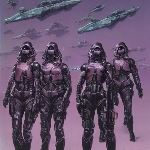 Prompt: all - female tactical scifi team, by wayne barlowe