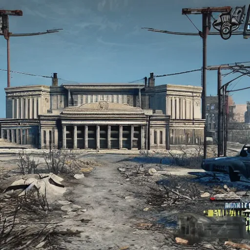 Image similar to Bolshoi Theater, Moscow in ruins post-nuclear war in Fallout 4, in game screenshot