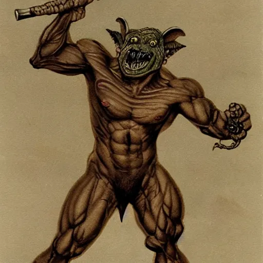 Prompt: dog - faced muscular goblin, ugly face, lizard tail, holding scimitar made of bone, hyper - detailed, primeval fantasy, prehistoric fantasy, drawn by frank frazetta