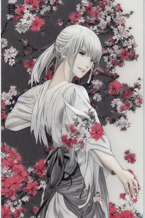 Prompt: beautiful girl, silver hair, white kimono with complex red flower patterns, full body, looking to camera, showing her shoulder from back, ilustration by ((Takehiko Inoue)) ((and Krenz Cushart))