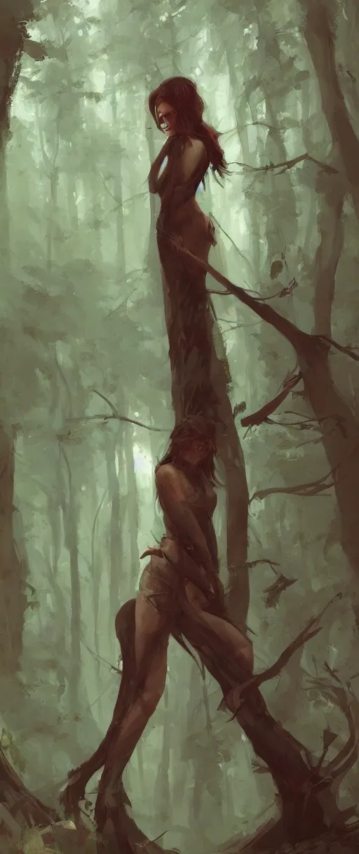 Prompt: A painting of a beautiful woman in a forest trending on artstation in the style of Greg Rutkowski