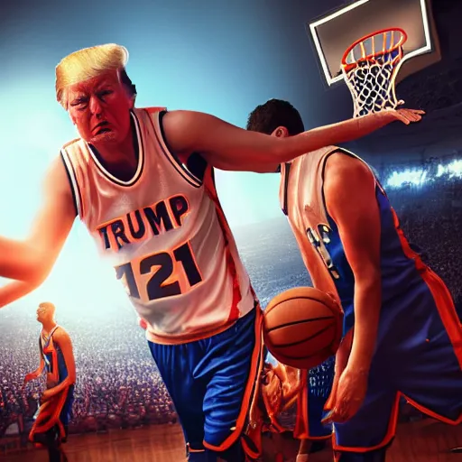Prompt: Donald Trump with basketball players body, realistic artstyle, wide shot, dramatic lighting, octane render, hyperrealistic, high quality, highly detailed, HD, beautiful, cinematic, 8k, unreal engine, facial accuracy, symmetrical