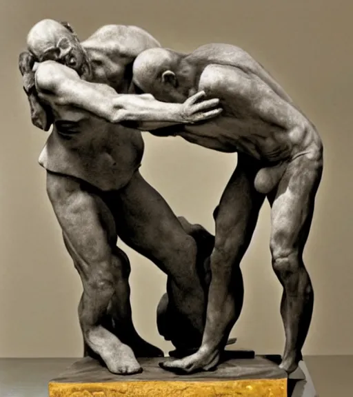 Prompt: full body, sigmund freud wrestling with michel foucault, sculpture by auguste rodin