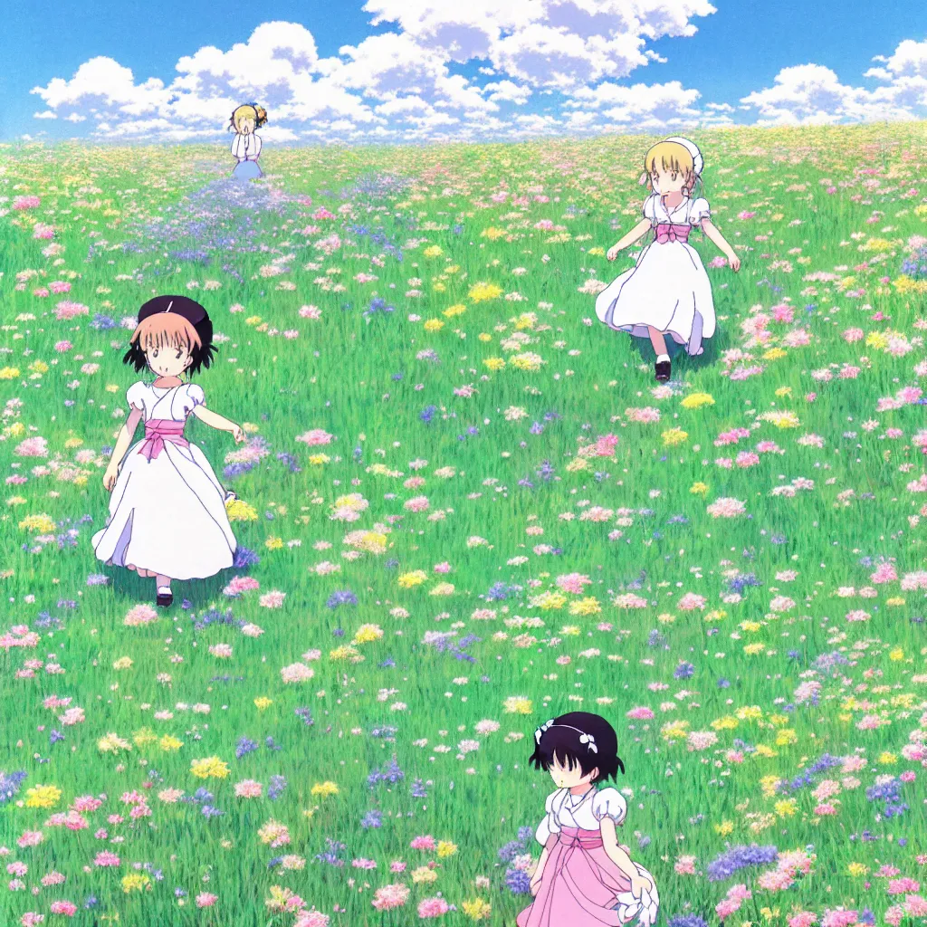 Prompt: little girl in princess dress, walking through a field of flowers, puffy clouds, beautiful, summer, calm, studio ghibli, art by hayao miyazaki, makoto shinkai