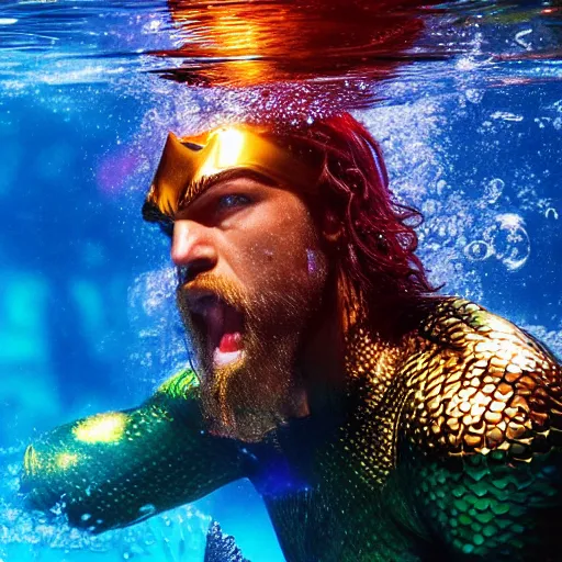 Image similar to aquaman breaking the surface of the water, underwater photography with light scattering and water refractions, smooth