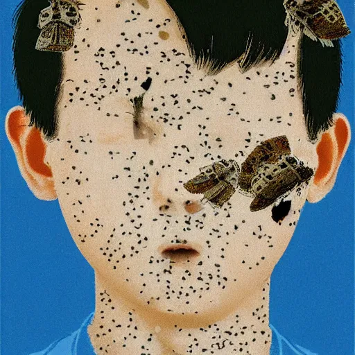 Image similar to a guy, face covered in moths, by shinji aramaki,