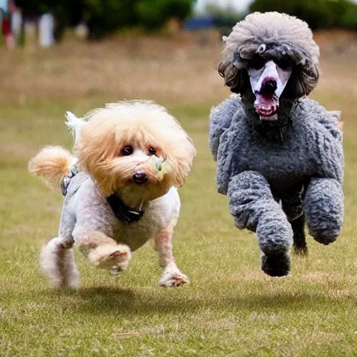 Prompt: French Poodle running towards zombies