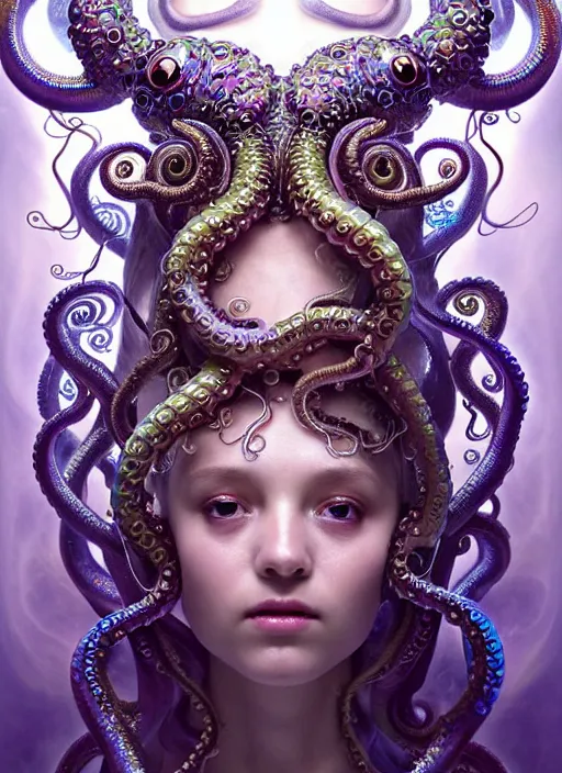 Prompt: A full shot of a cute magical monster wearing an ornate dress made of opals and tentacles. Subsurface Scattering. Translucent Skin. Caustics. Prismatic light. defined facial features, symmetrical facial features. Opalescent surface. Soft Lighting. beautiful lighting. By Giger and Ruan Jia and Artgerm and WLOP and William-Adolphe Bouguereau and Loish and Lisa Frank. Fantasy Illustration. Sailor Moon. Masterpiece. trending on artstation, featured on pixiv, award winning, cinematic composition, dramatic pose, sharp, details, Hyper-detailed, HD, HDR, 4K, 8K.
