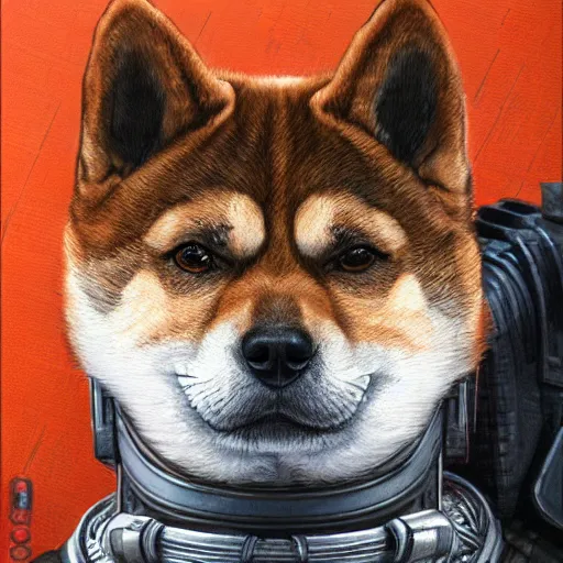 Image similar to the doomslayer as anthropomorphic shiba inu a realistic scifi cyberpunk knight, closeup portrait art by donato giancola and greg rutkowski, vintage retro scifi, realistic face, digital art, trending on artstation, symmetry