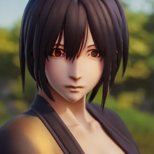 Image similar to Render of a Ryougi Shiki, full round face, golden hour, serene beach setting, medium shot, mid-shot, highly detailed, trending on Artstation, Unreal Engine 4k