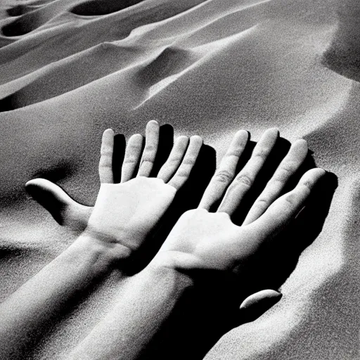 Image similar to chrome hand emerging from sand, high angle view, surrealist album cover art by storm Thorgerson, 1978