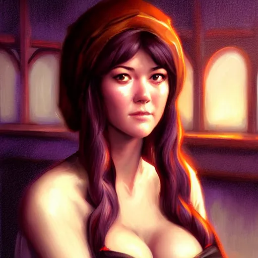 Image similar to a portrait digital painting of mary elizabeth winstead as a medieval bar maid in a tavern at night. painted by artgerm, ross tran.