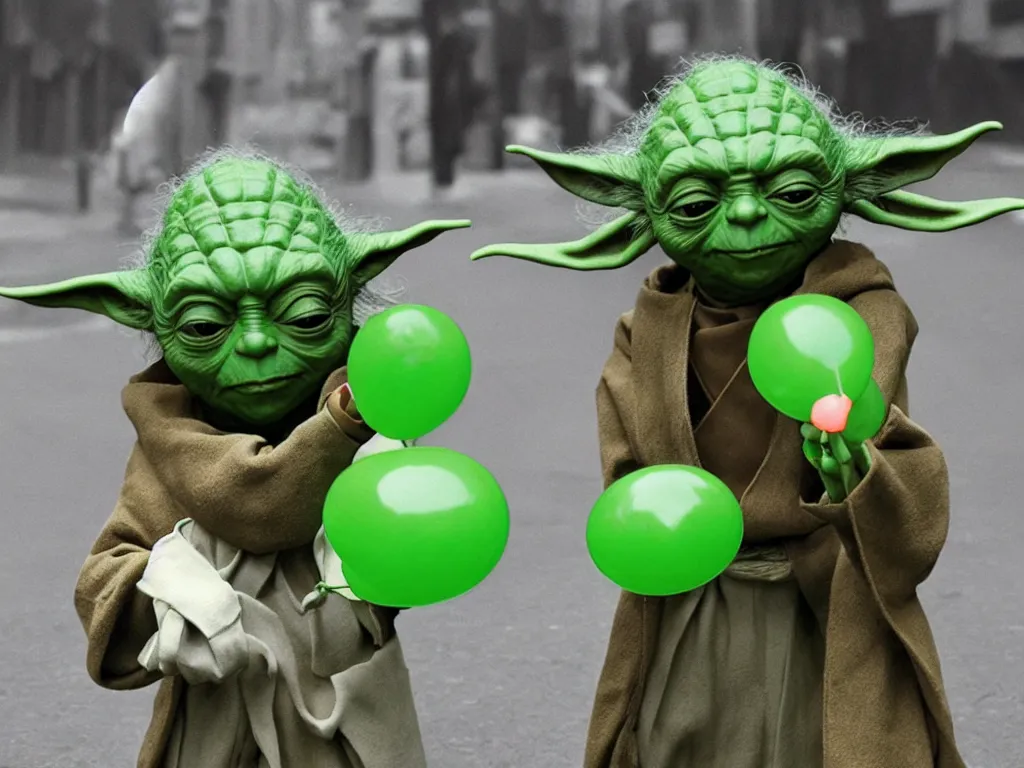 Image similar to a photo of yoda holding a green balloon in the tokyo suburbs by wes anderson, highly detailed, trending on artstation