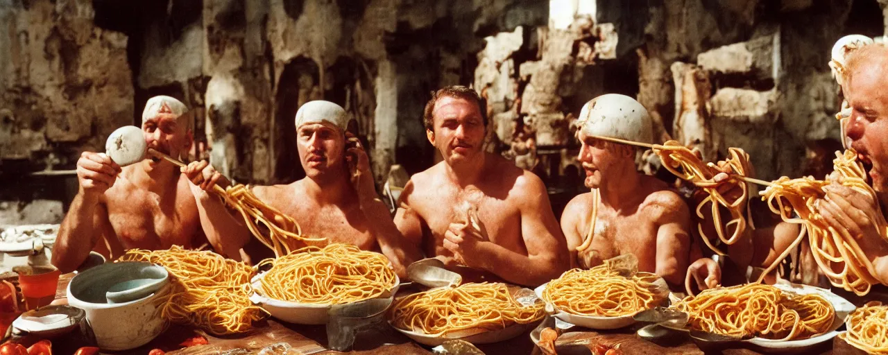 Image similar to ancient romans gladiators eating big bowl of spaghetti!!!!, architectural, minimal, canon 5 0 mm, wes anderson film, kodachrome, retro