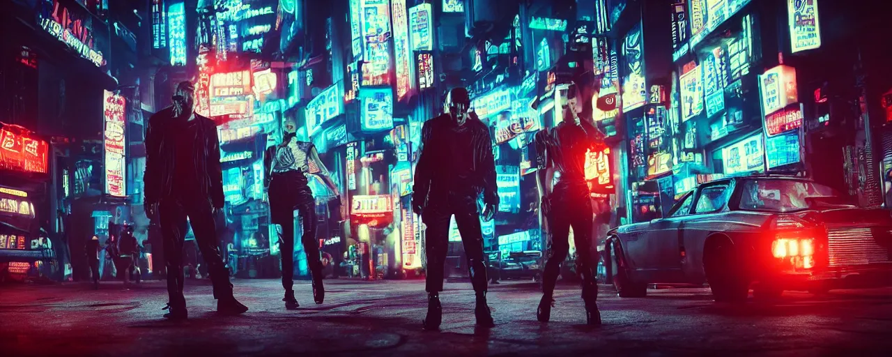 Prompt: gangster in cyberpunk night adult club, 3 5 mm, low angle, blade runner, akira, cinematic angle, cinematic lighting, reflections, action, fight