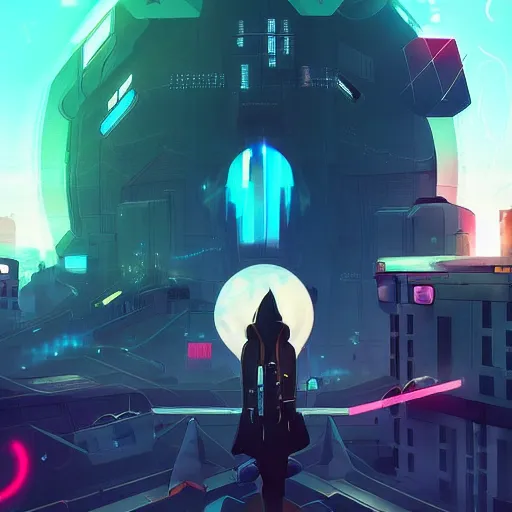 Image similar to stylish colors. Sci-fi cityscape in style of cytus and deemo, mysterious vibes, set in half-life 2, beautiful with eerie vibes, very inspirational, very stylish, surrealistic, perfect digital art, mystical journey in strange world, bastion game