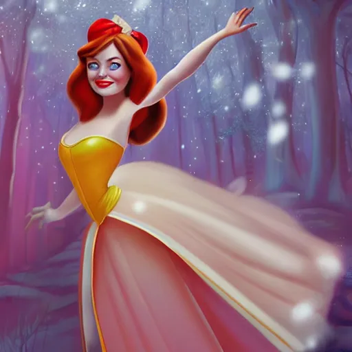 Image similar to Full body digital painting of Emma Stone as a Disney princess wearing snow white's dress, Pixar style, professional studio lightening, volumetric lightening, photorealism by Tristan Eaton Stanley Artgerm and Tom Bagshaw