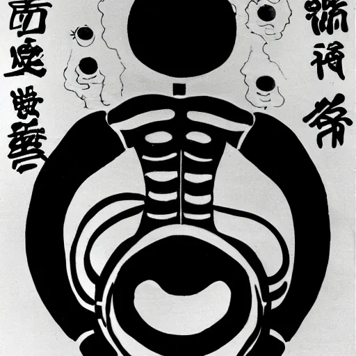 Image similar to a pregnant robot woman giving birth to a yin - yang daoist symbol emerging out of womb, full body black and white drawing