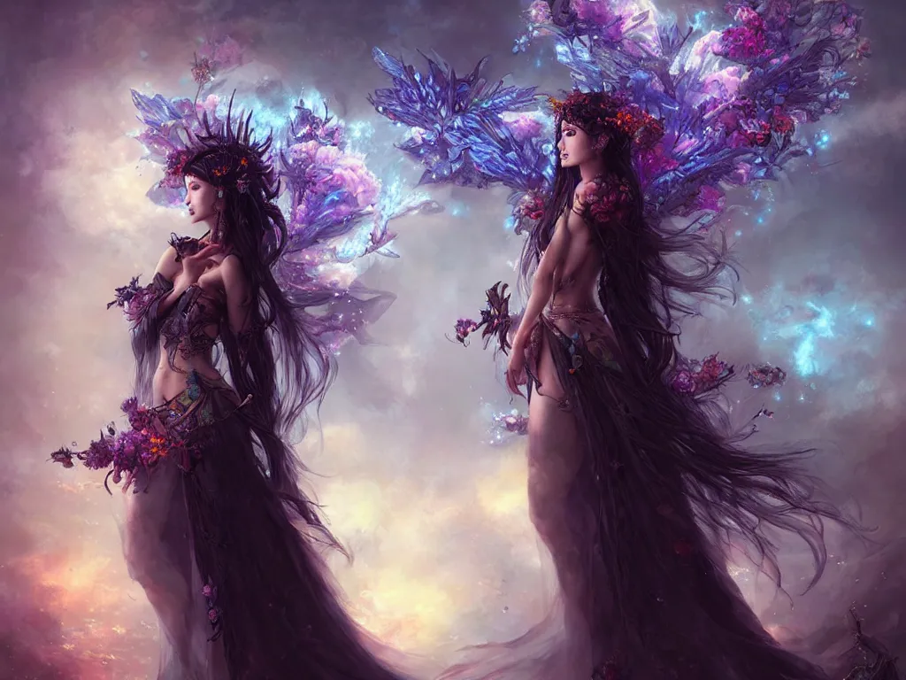 Prompt: a beautiful dark fire priestess fairy in a cyberpunk garden with cloud flowers, elegant pose, realistic illustrative painting, artgerm, visionary arts, huang guangjian
