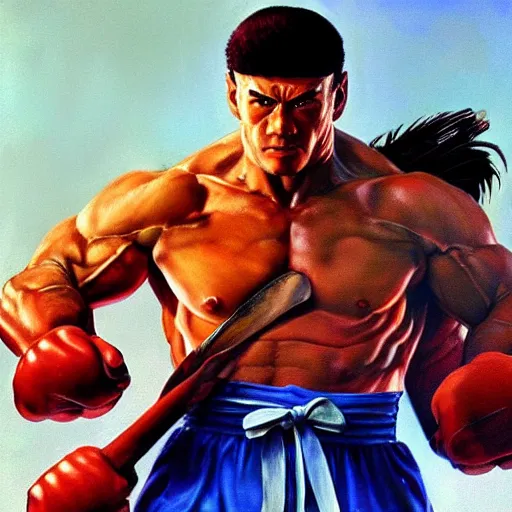 Image similar to ultra realistic painting of forest gump as ryu from street fighter, art by frank frazetta, 4 k, ultra realistic, highly detailed, epic lighting