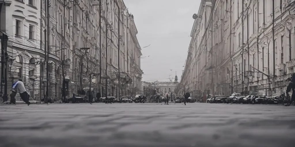 Prompt: cinematic street shot of a hoverboard flying floating city saint petersburg city, telephoto, anamorphic cinematography, beautiful composition, color theory, leading lines, photorealistic, moody volumetric lighting