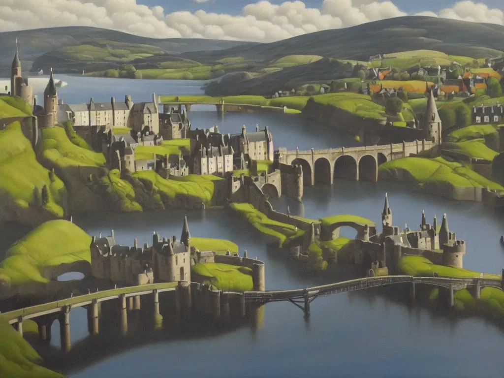 Prompt: A detailed oil painting of a beautiful Scotland town, castle, bridge, loch, in the style of Michiel Schrijver, isometric