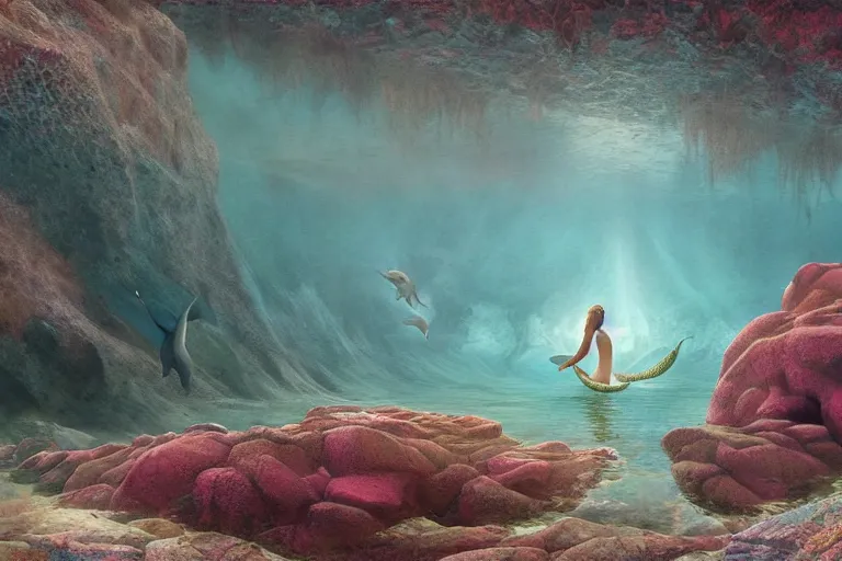 Prompt: mosaic of legendary mermaid in stylised sea with dolphins and fish in vast natural cave, mist, morning light, octane render, digital illustration by Zdislav Beksinski on artstation