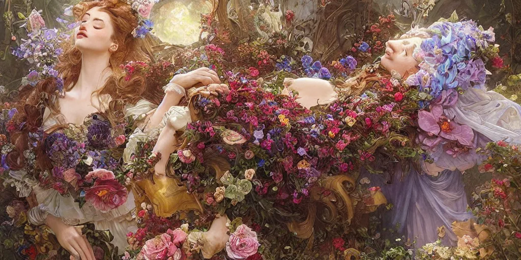 Prompt: an elaborate coffin with a mysterious sleeping beauty holding a large bouquet of flowing flowers,, fantasy, regal, intricate, by stanley artgerm lau, greg rutkowski, thomas kindkade, alphonse mucha, loish, norman rockwell