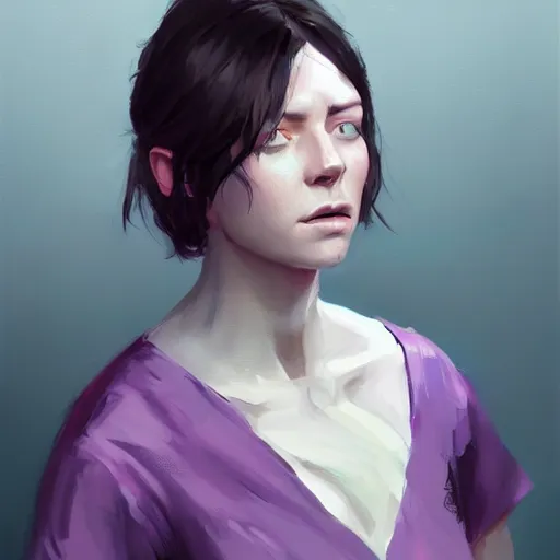 Image similar to portrait of a woman by greg rutkowski, she is about 3 0 years old, messy black bob hair, pale round face, tired eyes, she is wearing a purple nurse jumpsuit, highly detailed portrait, digital painting, artstation, concept art, smooth, sharp foccus ilustration, artstation hq