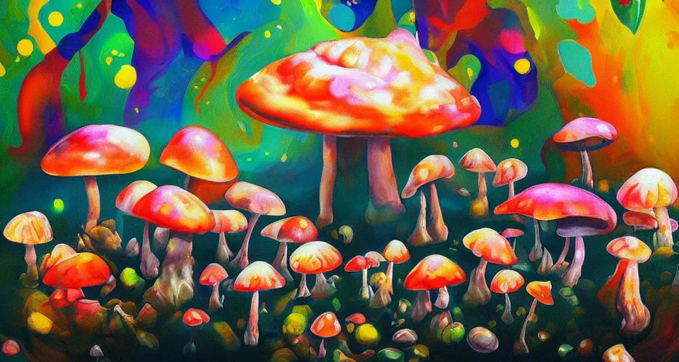 Prompt: a beautiful painting of trippy mushrooms by Tokio Aoyama, Mario Martinez, David Normal. photo-real, trending on artstation, dramatic lighting, minimal background.