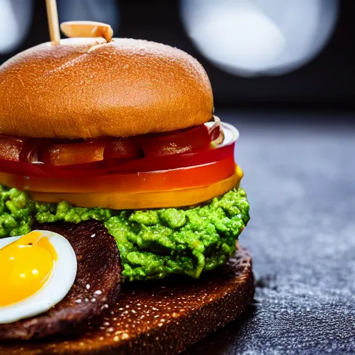 Image similar to juicy vegan hamburger topped with guacamole, fried onion and a vegan fried egg, crispy buns, 8 k resolution, professional food photography, studio lighting, sharp focus, hyper - detailed