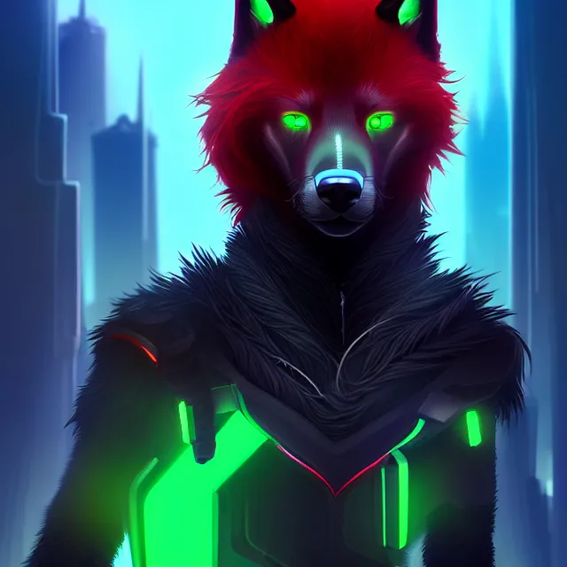 Prompt: portrait of a anthropomorphic black male wolf with long red hair wearing futuristic armor in a futuristic city | | concept art, 4 k, green color scheme, volumetric lighting, highly detailed, by cory loftis trending on artstation
