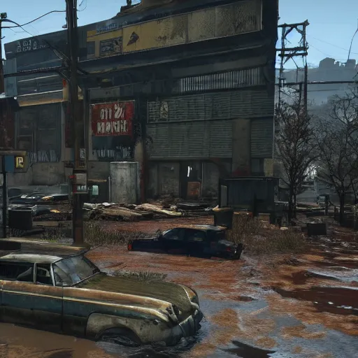 Prompt: atlanta flooded and in ruins post - nuclear war in fallout 4, in game screenshot