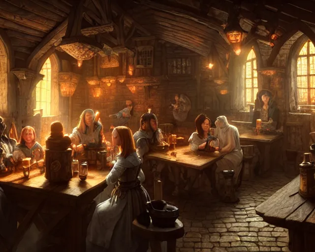 Prompt: a medieval tavern, beautiful, detailed, realistic detailed patrons, dark, concept art illustration, color page, tone mapping, akihiko yoshida, james jean, andrei riabovitchev, marc simonetti, digital illustration, greg rutowski, volumetric lighting, sunbeams, particles