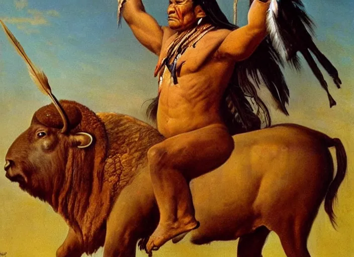 Image similar to powerful native american warrior!! beautiful native american sitting on bison, buffalo, nineteenth century painting, painted by frank frazetta