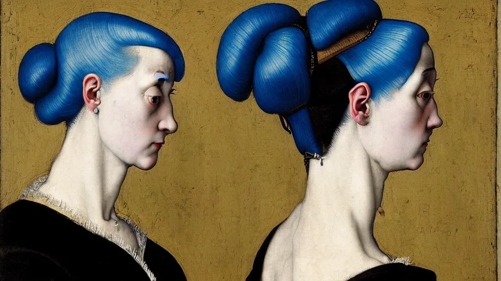 Prompt: portrait of a woman with blue hair buns, wearing a black suit, walking in a crowded street, intricate details, high detail, in the style of rogier van der weyden and jacopo da pontormo, punk, masterpiece