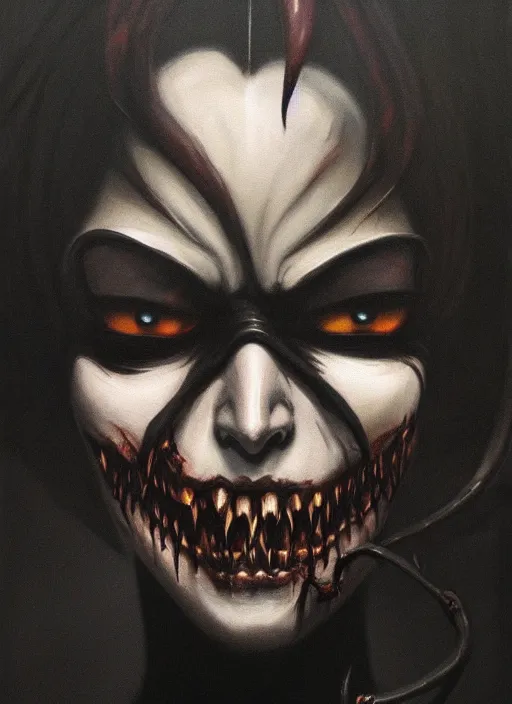 Image similar to dark portrait painting of tracer from overwatch, in style of zdzisław beksinski, scary, horror, overwatch tracer character, evil grin, detailed face, dressed in dark garment, black tendrils, tall,