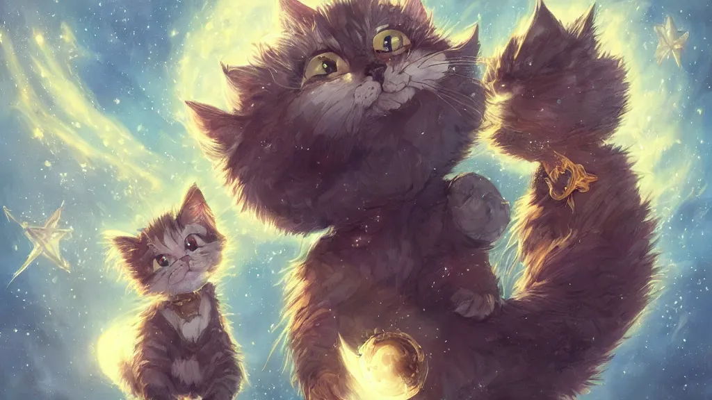 Image similar to cartoonish kitten wearing a wizard cat and a fake beard floating in space, bright stars, anime, a fantasy digital painting by Greg Rutkowski and James Gurney, trending on Artstation, highly detailed