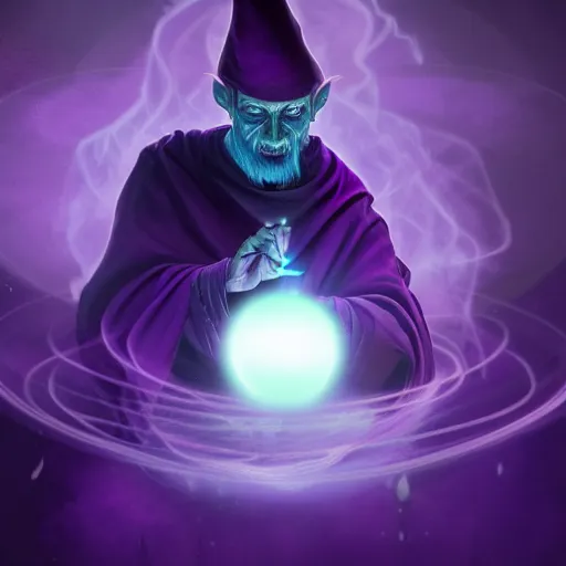 Image similar to a warlock is casting a magic spell, while magic orb is floating in his hand, the magic orb emit a purple vapour, dynamic pose, chromatic aberration , medium level shot, Mucha style , Grim fantasy, illustration ,digital painting, concept art,