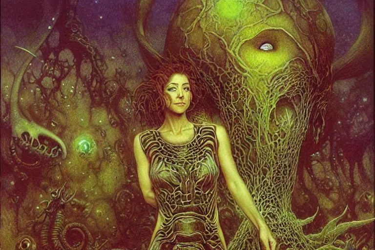 Image similar to cute young alyson hannigan with short hairs on lovecraftian planet by jean delville by luis royo and wayne barlowe, beksinski