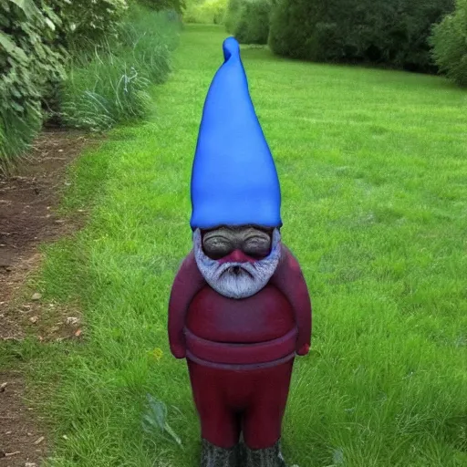 Prompt: trail cam footage of a creepy garden gnome