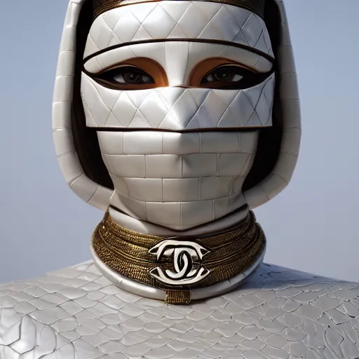 Image similar to portrait of masked dune dynasty with chanel clothes, white background, chanel logo, 8 k, symmetrical, 3 d render, octane render, insane details