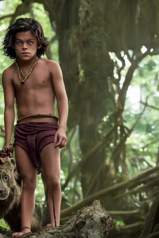 Image similar to young harry styles plays mowgli in the live action adaptation of the jungle book, 3 5 mm photography, highly detailed, cinematic lighting, 4 k