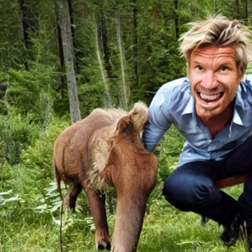 Image similar to Petter Stordalen eating an extinct animal