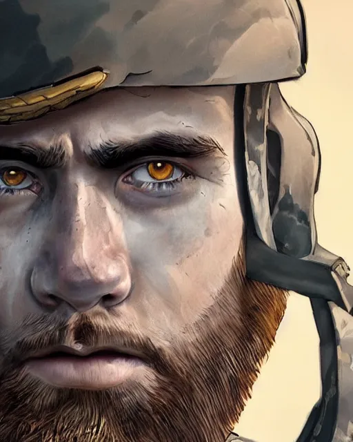 Image similar to portrait of muscular, tired and alcoholic 3 0 - year - old handsome man with short darkblonde hair, serious sad look in his eyes, dirty beard, blue eyes, wearing dirty soldier uniform, on the desert, hyper realistic face, beautiful eyes, character art, art by mark brooks, hyperdetailed, cryengine, trending on artstation, digital art