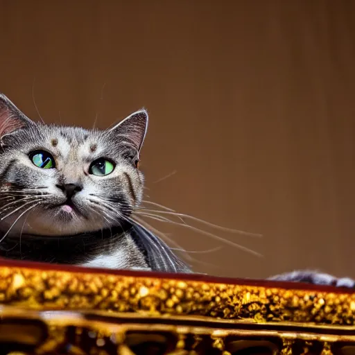 Image similar to ultra hd 8 k photo of a sad cat alone on a big opera stage