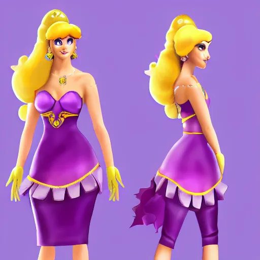 Prompt: The new Nintendo princess twin sister to princess peach wearing a royal purple dress who is a gorgeous supermodel feisty Latina with a confident attitude Nintendo concept art. Full body shot video game character art.