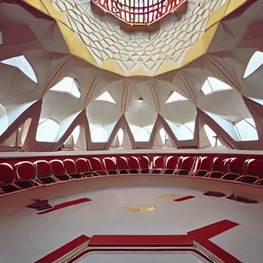 Image similar to interior of a futuristic lotus temple space station with gold, red and white marble panels, by buckminster fuller and syd mead, intricate contemporary architecture, photo journalism, photography, cinematic, national geographic photoshoot