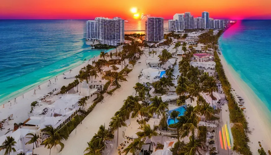 Image similar to miami hotels, unreal engine, digital art, drone photography, sunset, sharp focus, beach, vivid color, clear sky